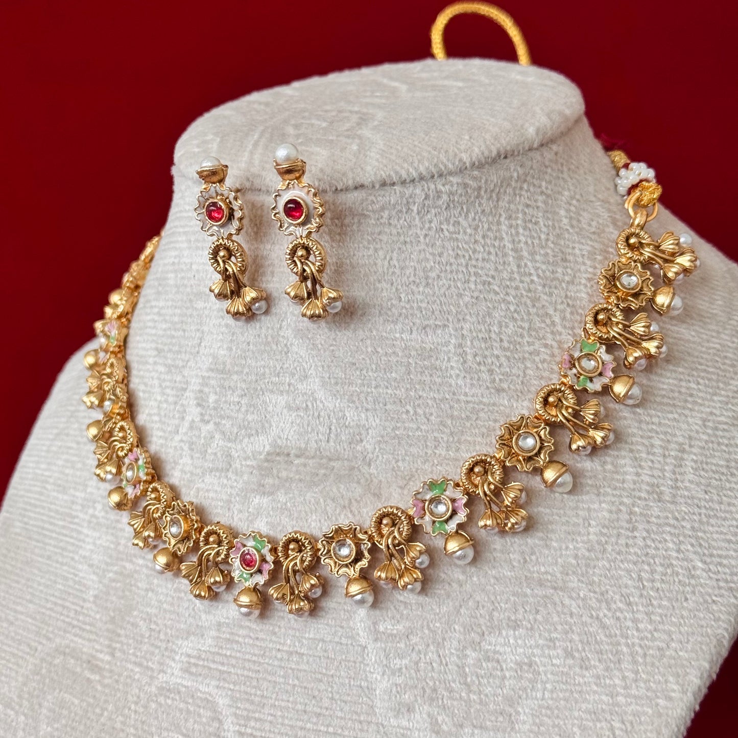 Majak Necklace Set | Antique Gold Floral Necklace Set | Pearl Drop Choker Necklace | Traditional Indian Jewelry | Wedding & Festive wear