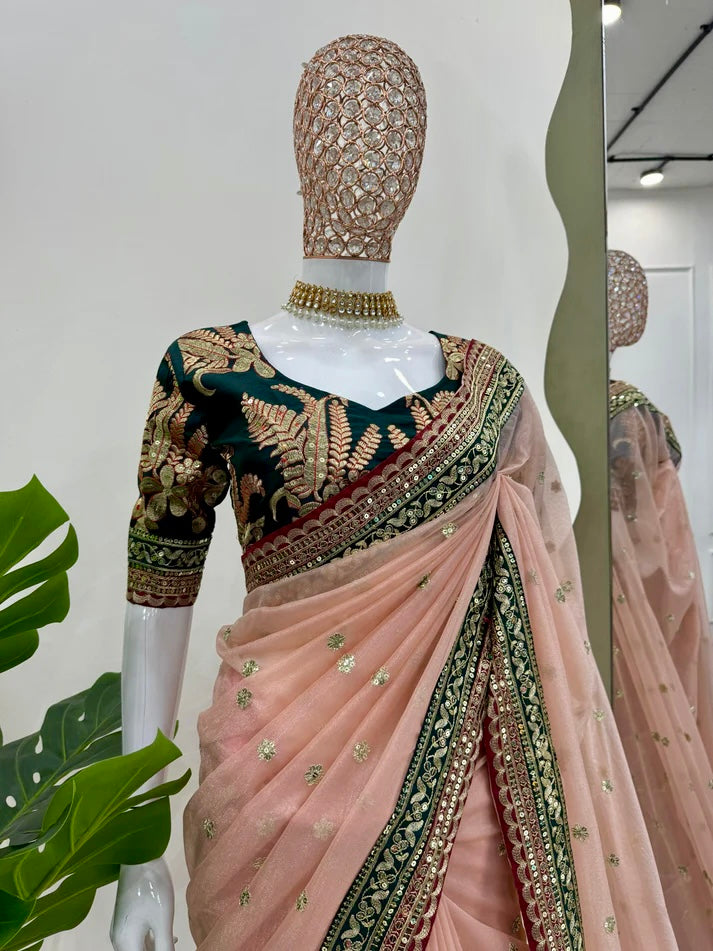 Blush Pink Sequin Saree with Rich Green Designer Blouse – Perfect for Weddings & Festive Glam