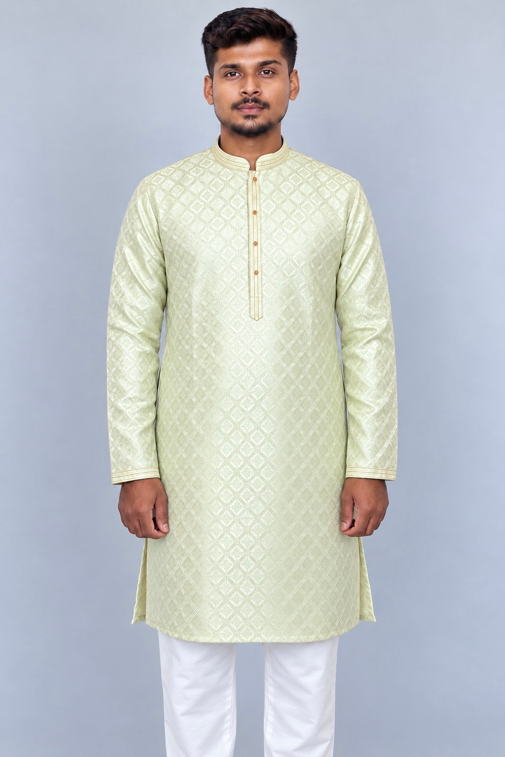 Men’s Pista Green Jacquard Kurta Pajama Set, Golden Woven Design Indian Traditional Outfit, Wedding Festive Wear, Diwali Kurta, Ships from U