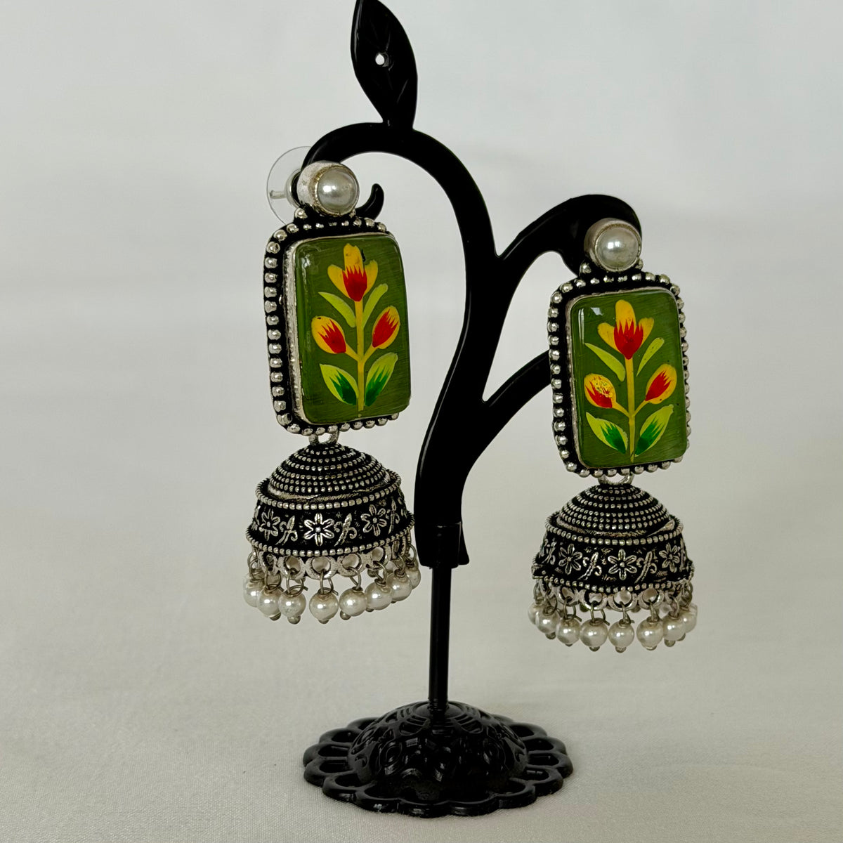Green Oxidized Silver Handpainted Jhumka Earrings, Floral Indian Earrings, Pearl Drop Earrings, Ethnic Festive Jewelry, Oxidized earrings