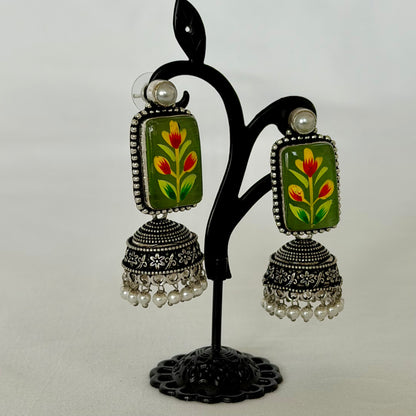 Green Oxidized Silver Handpainted Jhumka Earrings, Floral Indian Earrings, Pearl Drop Earrings, Ethnic Festive Jewelry, Oxidized earrings