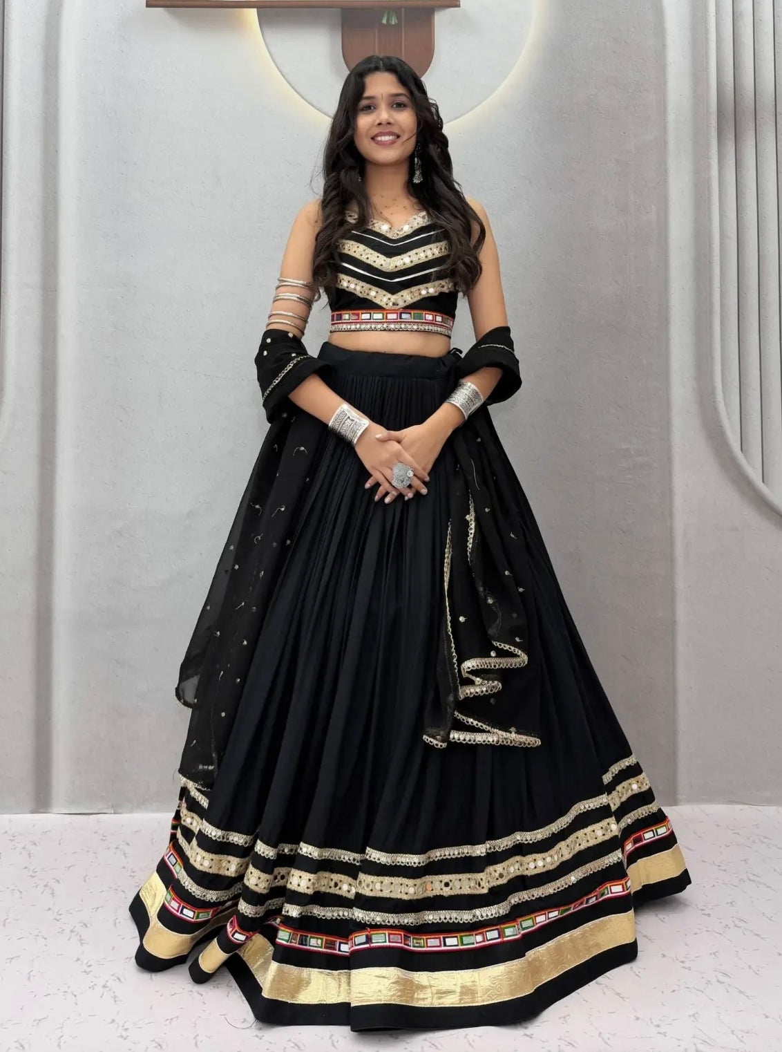 Black Navratri Lehenga Choli, Garba Chaniya Choli with Mirror Work, Cotton Ghagra Choli, Dandiya Outfit, Indian Festival Lehenga with Dupatt