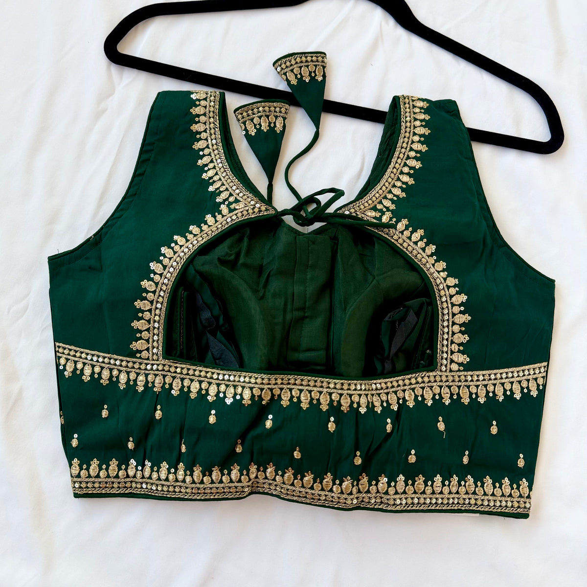 Green Jacquard Saree Blouse, Gold Embroidered Designer Blouse, Deep Back Neck Blouse with Latkan, Ready to Wear Indian Blouse, Crop top
