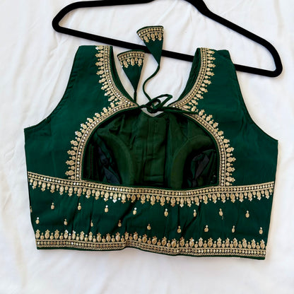 Green Jacquard Saree Blouse, Gold Embroidered Designer Blouse, Deep Back Neck Blouse with Latkan, Ready to Wear Indian Blouse, Crop top