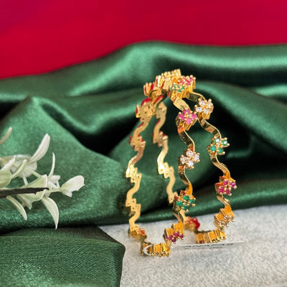 Elegant Multicolor Floral Gold Bangles Set, Designer Twist Kada, CZ Stone Indian Bangles, Wedding Festival Bangles, Traditional 2 Pc Bangle Set