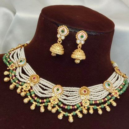 Elegant Multi Layer Pearl Choker Set with Jhumka Earrings | Antique Gold Indian Wedding Jewelry | Traditional Necklace Set | Bridal Necklace