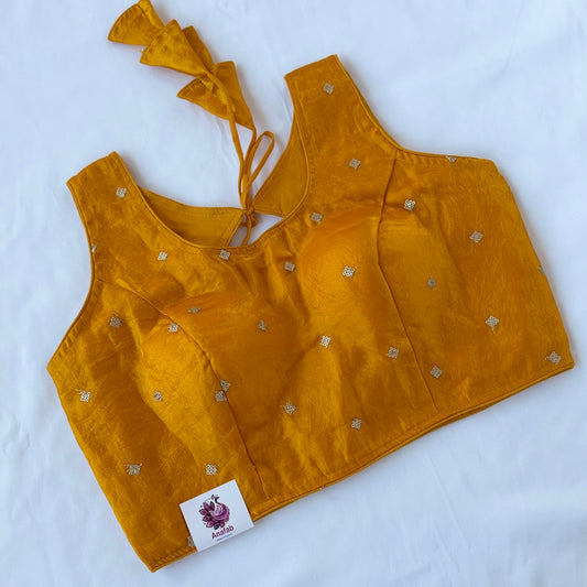 Mustard Yellow Fendy Silk Saree Blouse, Sequin Butti Readymade Blouse, Indian Designer Blouse, Sleeves Included, Padded blouse, Party wear b