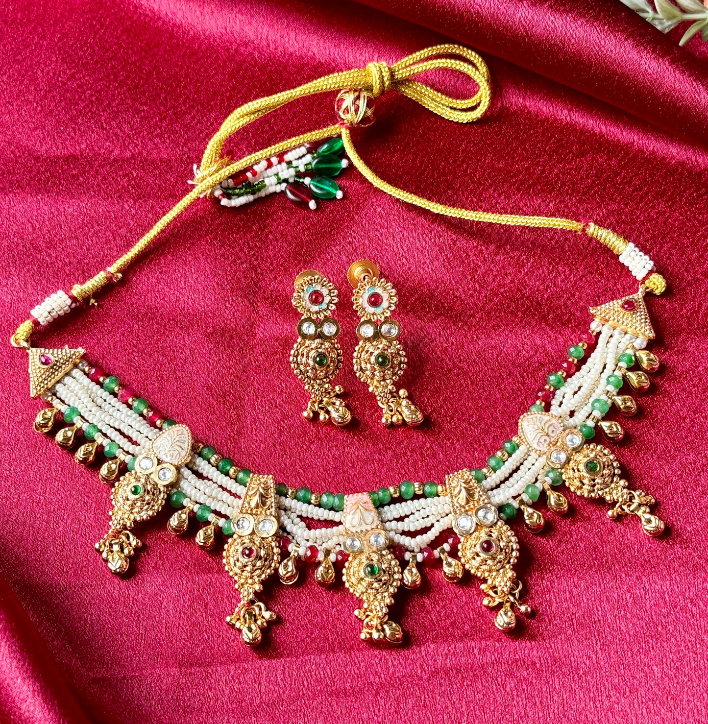 Handcrafted Pearl Beads Necklace Set | Green & Maroon Accents | Antique Gold Droplet Design | Festive Ethnic Jewelry with Matching Earrings