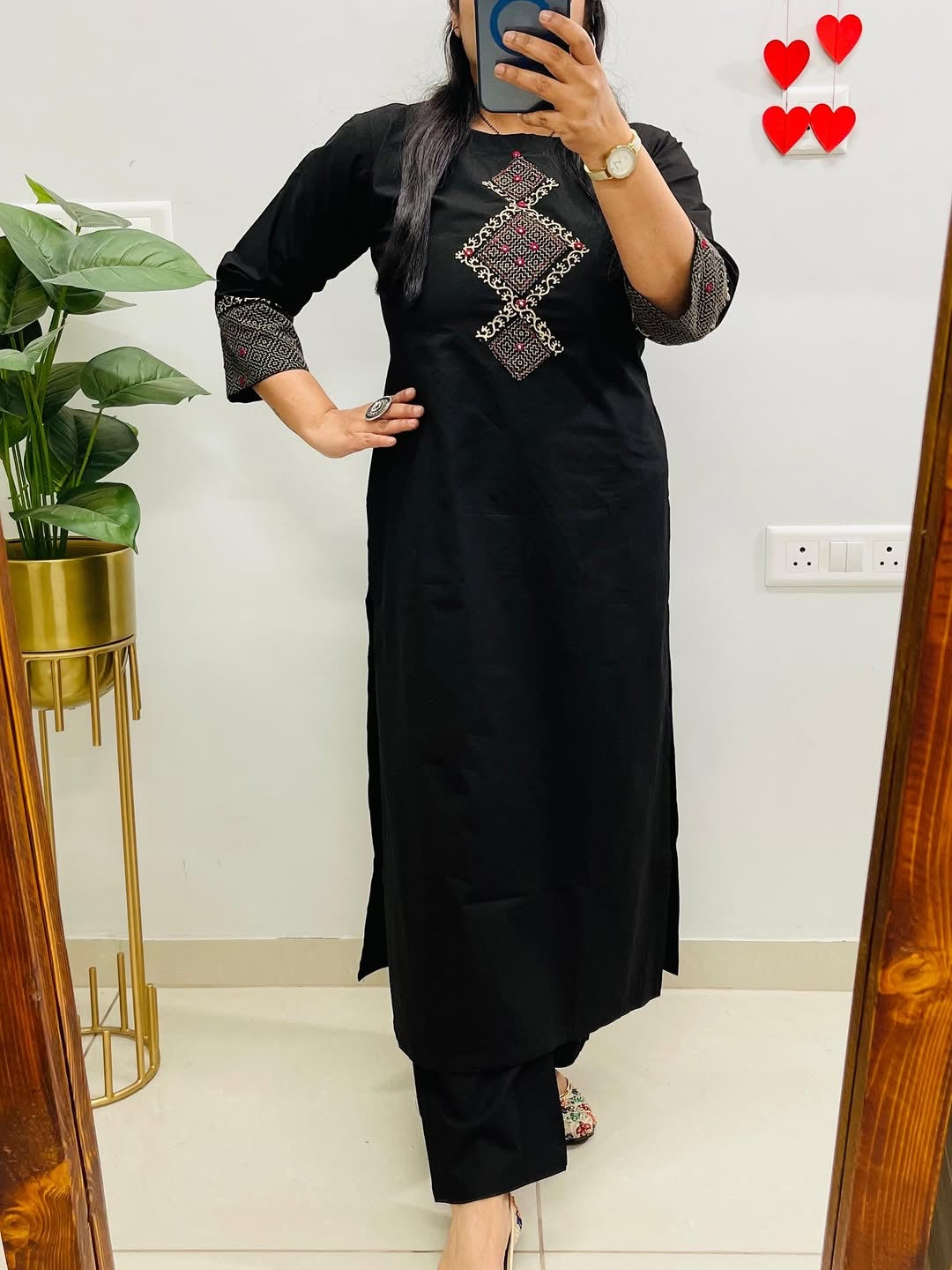 Black Cotton Co-Ord Set for Women | Mirror & Thread Embroidered A-Line Kurti | Ankle Length Pants with Pockets | Elegant Everyday Wear |