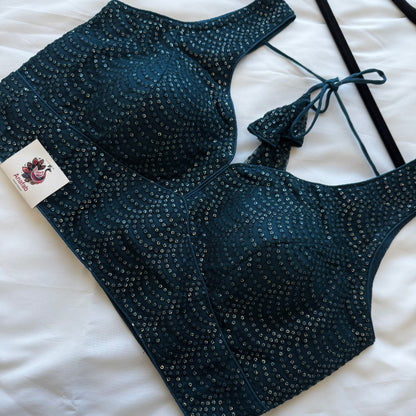 Designer Dark Teal Sleeveless Blouse with Heavy Sequin Work, Fancy blouse for Lehenga, Sarees, party wear Blouse, Top