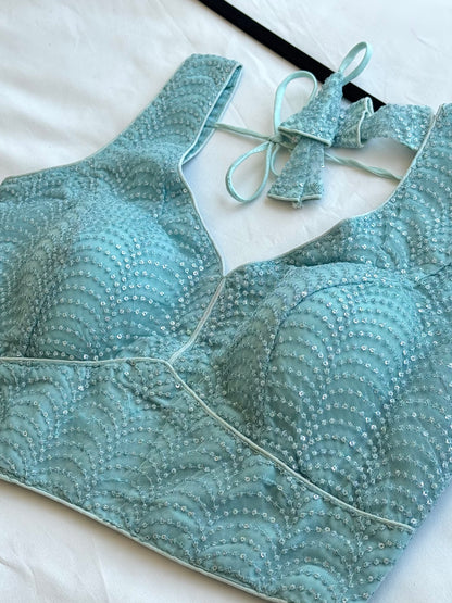 Light Sky Blue Sequin Designer Blouse | Readymade Padded Saree Blouse | Elegant Party Wear Blouse with Tie Back, Size 38–42 | Lehenga blouse