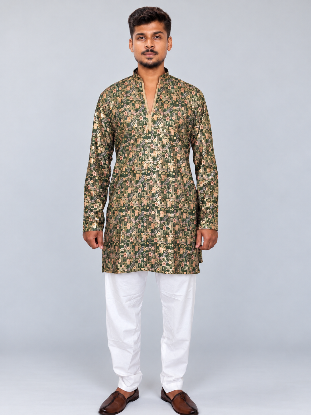 Men’s Green Printed Kurta Pajama Set, Armani Fabric Kurta with Golden Shine, Indian Ethnic Wear, Festive Diwali Wedding Outfit for Men