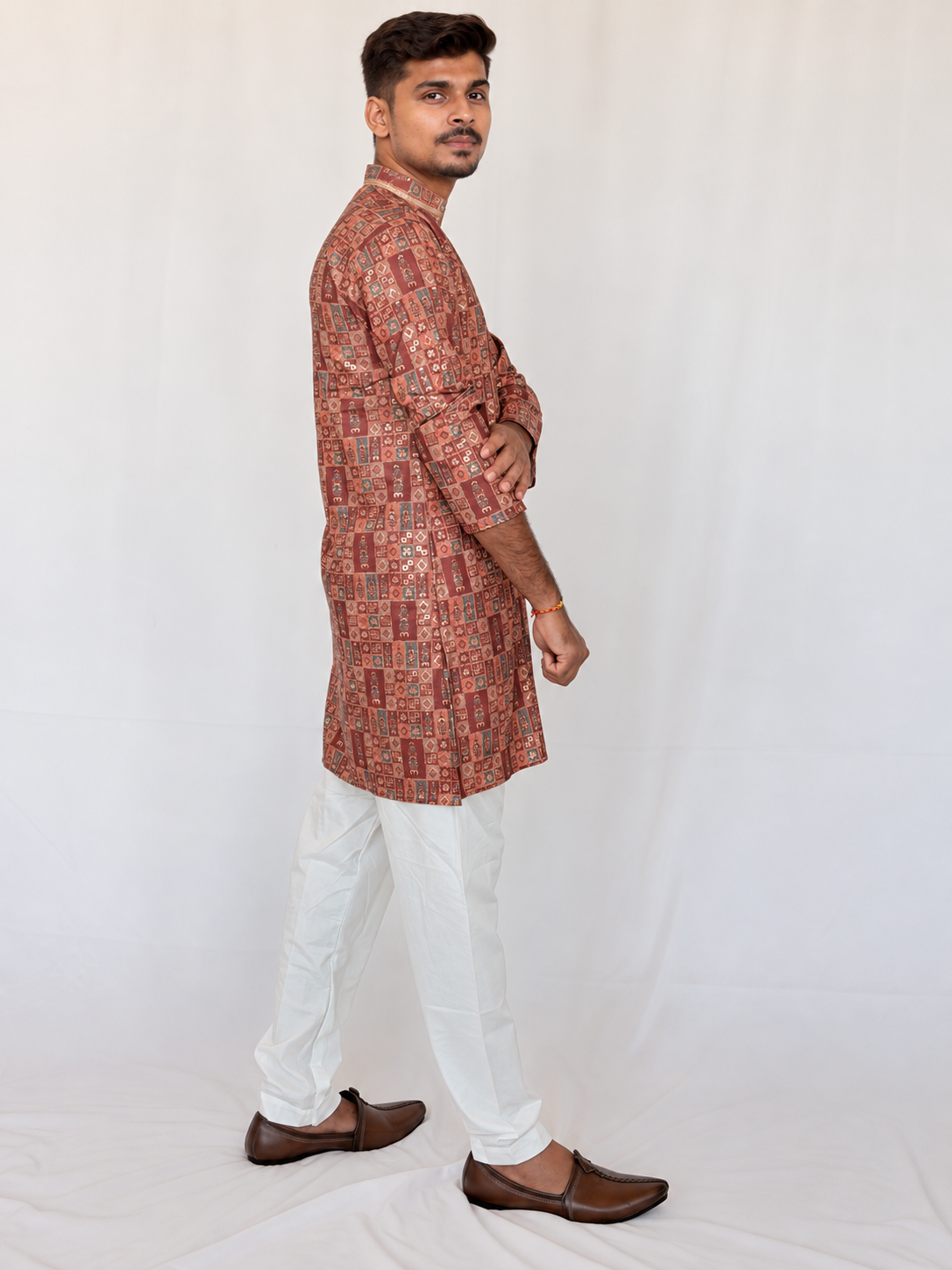 Men’s Orange Maroon Kurta Pajama Set, Soft Armani Fabric Printed Kurta with Golden Shine, Indian Wedding Outfit, Diwali Festive Wear for Men