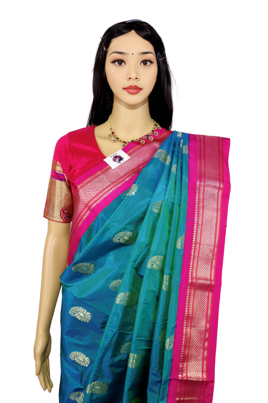 Teal Blue with Pink Zari Border Semi Silk Paithani Saree