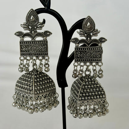 Oxidized Silver Jhumka Earrings, Large Indian Statement Earrings, Floral Tribal Jhumki, Traditional Ethnic Jewelry, Boho Festive, Garba earr