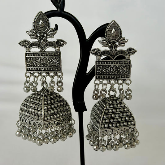 Oxidized Silver Jhumka Earrings, Large Indian Statement Earrings, Floral Tribal Jhumki, Traditional Ethnic Jewelry, Boho Festive, Garba earr