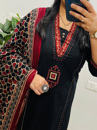Black Dabu Cotton Suit Set | Mirror Work Kurta |  Handblock Print Dupatta | Soft Comfortable Office wear | Casual Ethnic Wear for Women