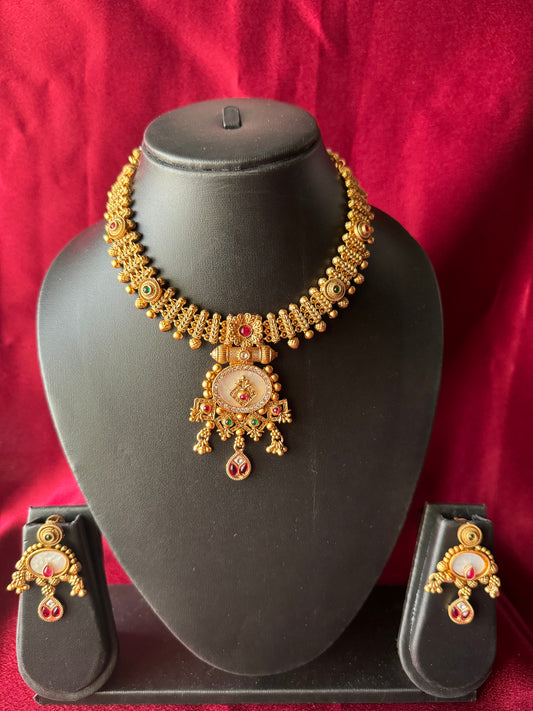 Royal Antique Gold Necklace Set with Statement Pendant & Earrings | Traditional Indian Bridal Jewelry | Ethnic Wedding & Festive Necklace Set