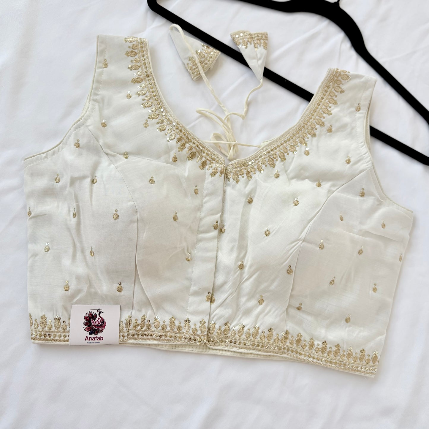 Ivory Jacquard Saree Blouse, Gold Embroidered Designer Blouse, Deep Back Neck Blouse with Latkan, Ready to Wear Indian Blouse, Crop top