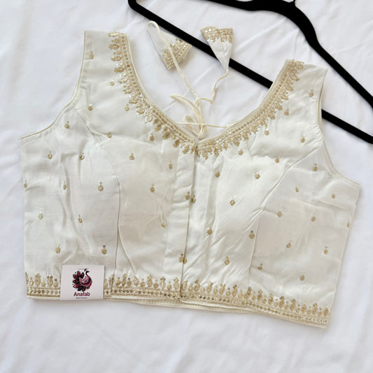 Ivory Jacquard Saree Blouse, Gold Embroidered Designer Blouse, Deep Back Neck Blouse with Latkan, Ready to Wear Indian Blouse, Crop top