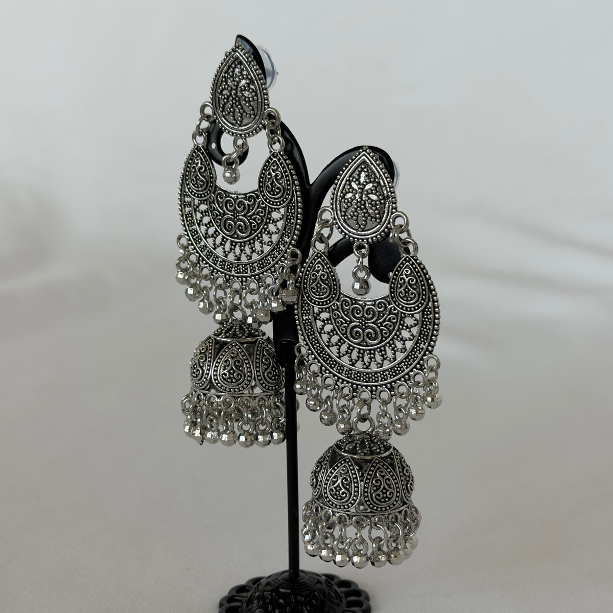 Oxidized Silver Chandbali Jhumka Earrings, Long Indian Statement Earrings, Traditional Ethnic Jewelry, Boho Dangle Earrings for Women