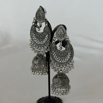 Oxidized Silver Chandbali Jhumka Earrings, Long Indian Statement Earrings, Traditional Ethnic Jewelry, Boho Dangle Earrings for Women