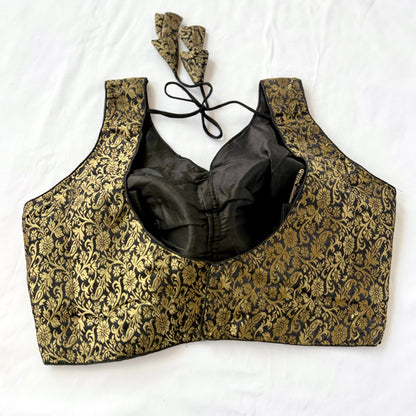 Black & Gold Brocade Saree Blouse, Readymade Indian Blouse, Padded Designer Blouse, Deep Back Neck Choli, Wedding Festive Blouse, Crop top