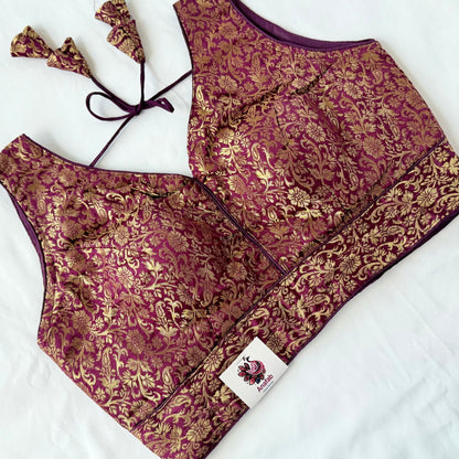 Wine Purple Gold Brocade Blouse, Ready to Wear Indian Blouse, Padded Designer Blouse, Deep Back Neck Blouse, Party wear blouse, crop top