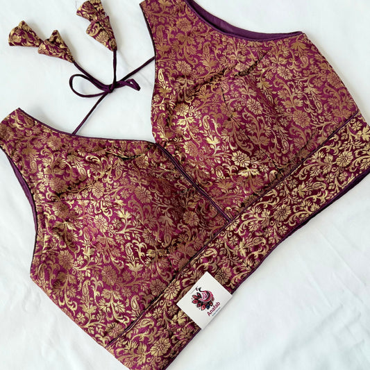 Wine Purple Gold Brocade Blouse, Ready to Wear Indian Blouse, Padded Designer Blouse, Deep Back Neck Blouse, Party wear blouse, crop top