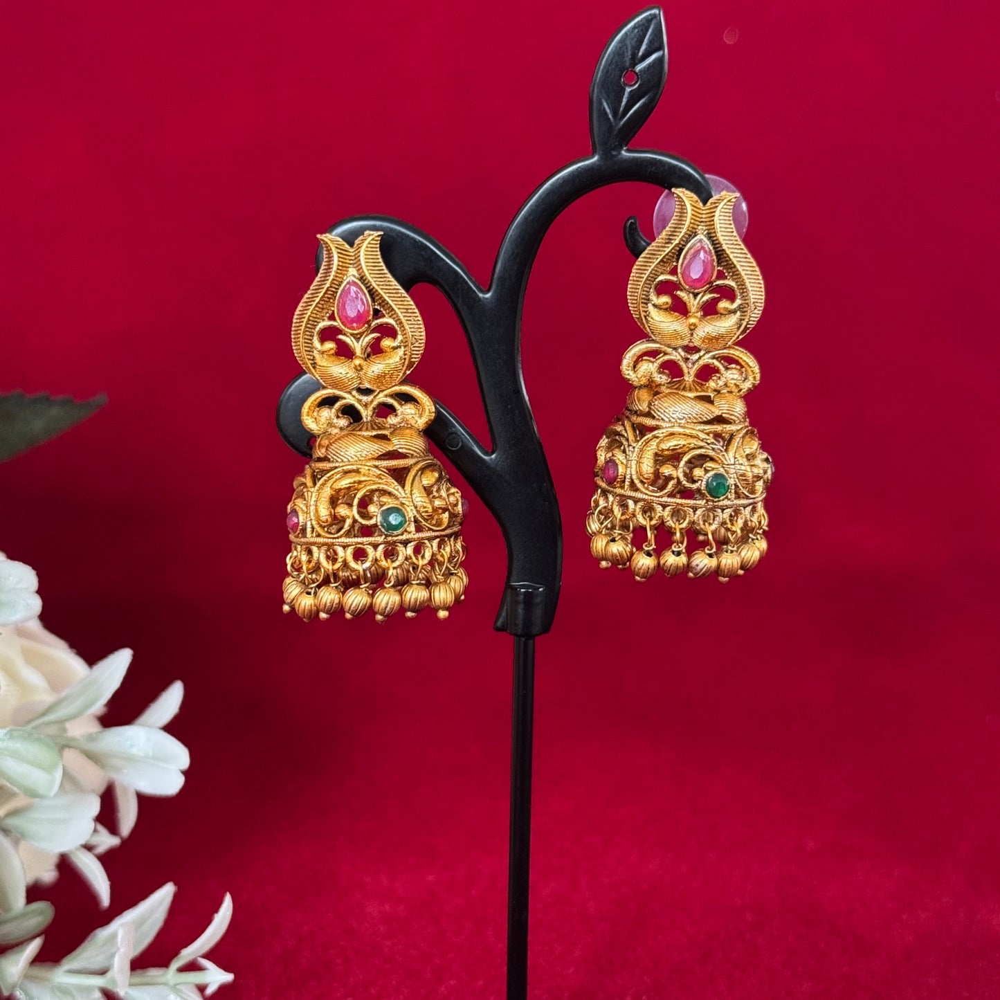 Antique Gold Temple Jhumka Earrings with Pink & Green Stones | Traditional Matte Gold Jhumki | Bridal Ethnic Earrings | South Indian Temple
