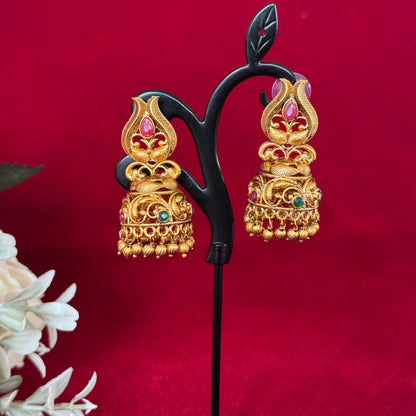 Antique Gold Temple Jhumka Earrings with Pink & Green Stones | Traditional Matte Gold Jhumki | Bridal Ethnic Earrings | South Indian Temple