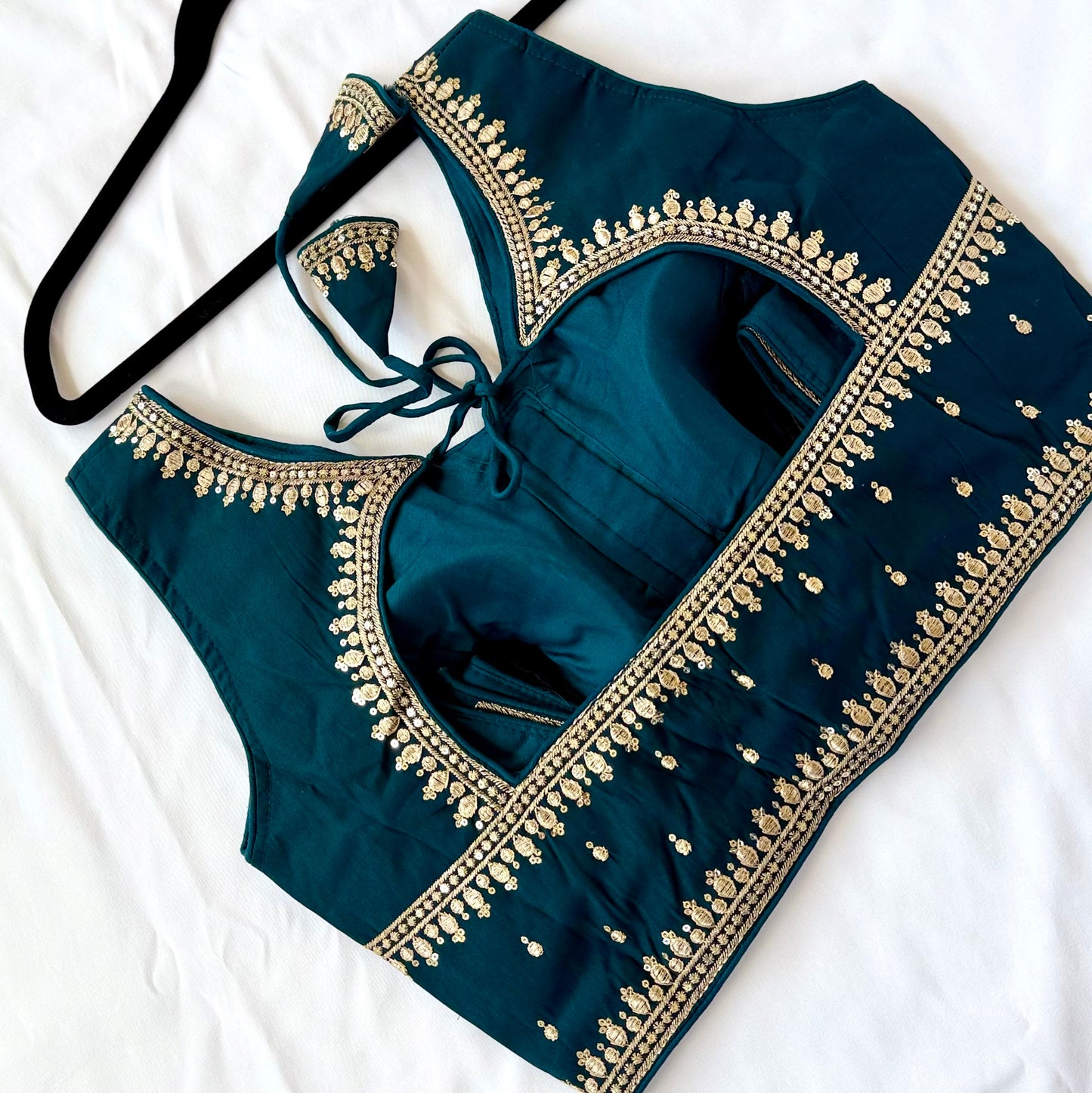 Dark Teal Jacquard Saree Blouse, Gold Embroidered Designer Blouse, Deep Back Neck Blouse with Latkan, Ready to Wear Indian Blouse, Crop top