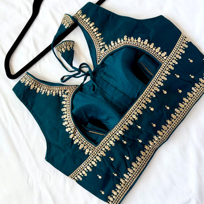 Dark Teal Jacquard Saree Blouse, Gold Embroidered Designer Blouse, Deep Back Neck Blouse with Latkan, Ready to Wear Indian Blouse, Crop top