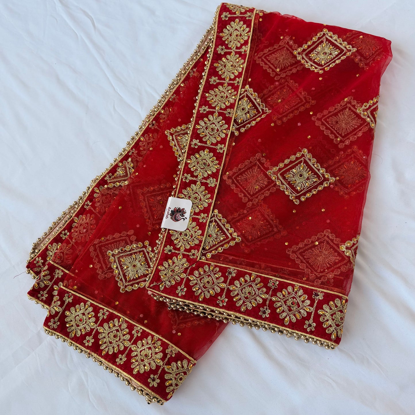 Red Bridal Net Dupatta with Heavy Embroidered Border | Wedding Chunni for Bride | Gold Zari & Sequin Work | Indian Dulhan Dupatta | Bridal Veil