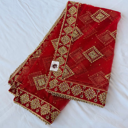 Red Bridal Net Dupatta with Heavy Embroidered Border | Wedding Chunni for Bride | Gold Zari & Sequin Work | Indian Dulhan Dupatta | Bridal Veil