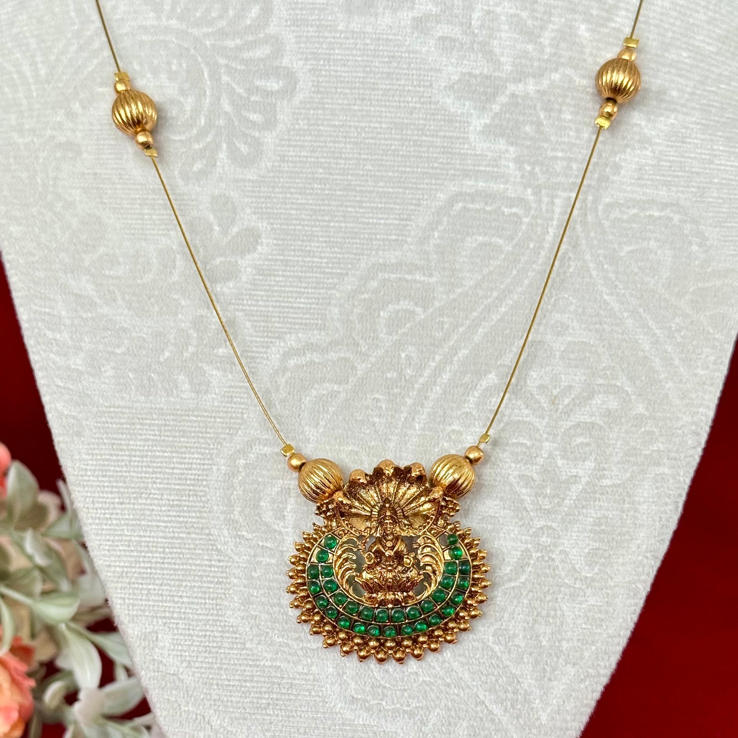 Lakshmi Temple Jewelry Set Antique Gold Necklace with Earrings | South Indian Goddess Pendant Green Stone Chain | Festival Wedding Jewelry G