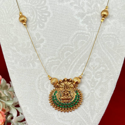 Lakshmi Temple Jewelry Set Antique Gold Necklace with Earrings | South Indian Goddess Pendant Green Stone Chain | Festival Wedding Jewelry G