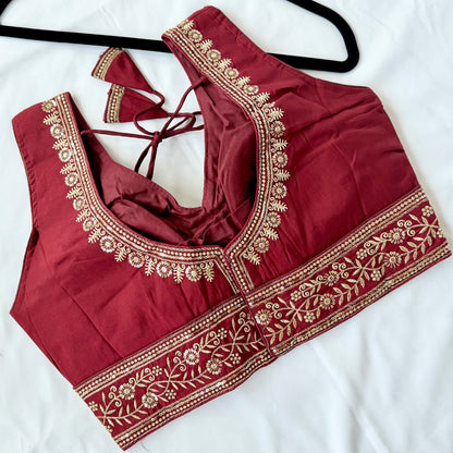 Maroon Saree Blouse, Gold Zari Embroidered Blouse, Ready to Wear Indian Blouse, Sleeveless Designer Blouse, Wedding Festive Blouse