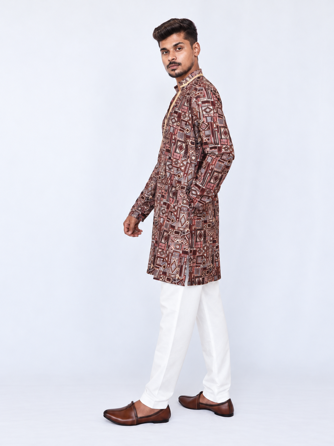 Men’s Maroon Brown Printed Kurta Pajama Set, Armani Fabric Geometric Print Kurta, Indian Festive Wear, Diwali Outfit, Men’s Navratri outfit