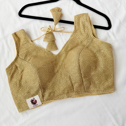 Gold Zari Sleeveless Saree Blouse, Shimmer Ready to Wear Indian Blouse, V Neck Padded Blouse, Party Wedding Blouse,lehenga top