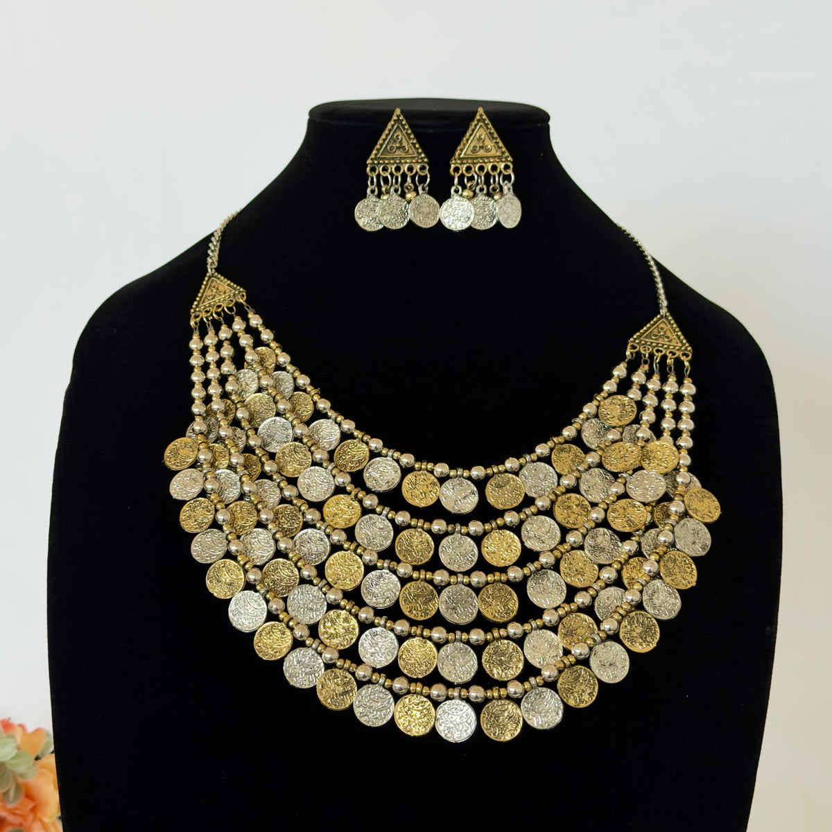 Oxidized Silver Gold Coin Necklace Set, 5 Layer Indian Statement Necklace with Earrings, Navratri Garba Jewelry, Tribal Boho Ethnic Jewelry