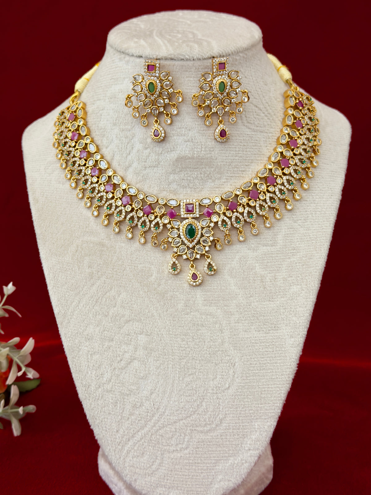 Kemp Stone Necklace Set, Ruby Green Indian Jewelry with Earrings, Traditional Bridal Necklace, South Indian Wedding Jewelry, Ships from USA