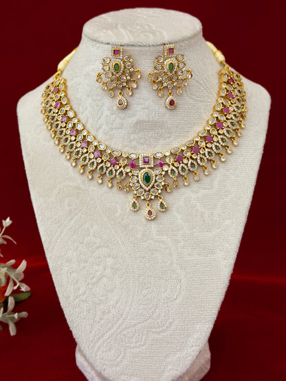 Kemp Stone Necklace Set, Ruby Green Indian Jewelry with Earrings, Traditional Bridal Necklace, South Indian Wedding Jewelry, Ships from USA