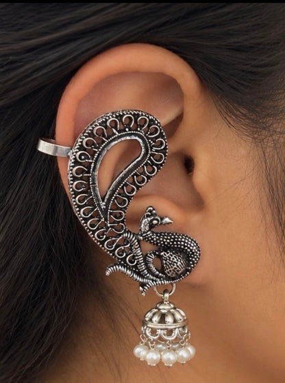 Oxidized Silver Peacock Ear Cuff Earrings, Traditional Jhumka Earrings, Statement Indian Jewelry, Ethnic Ear Wrap Earrings, Boho Jewelry