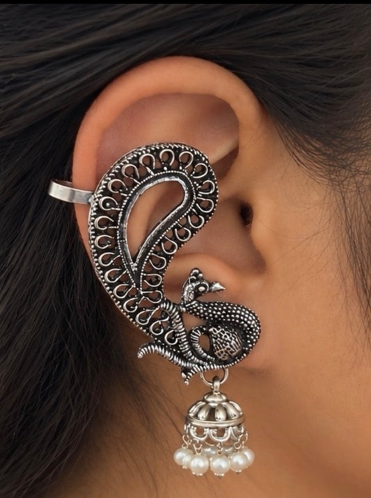 Oxidized Silver Peacock Ear Cuff Earrings, Traditional Jhumka Earrings, Statement Indian Jewelry, Ethnic Ear Wrap Earrings, Boho Jewelry