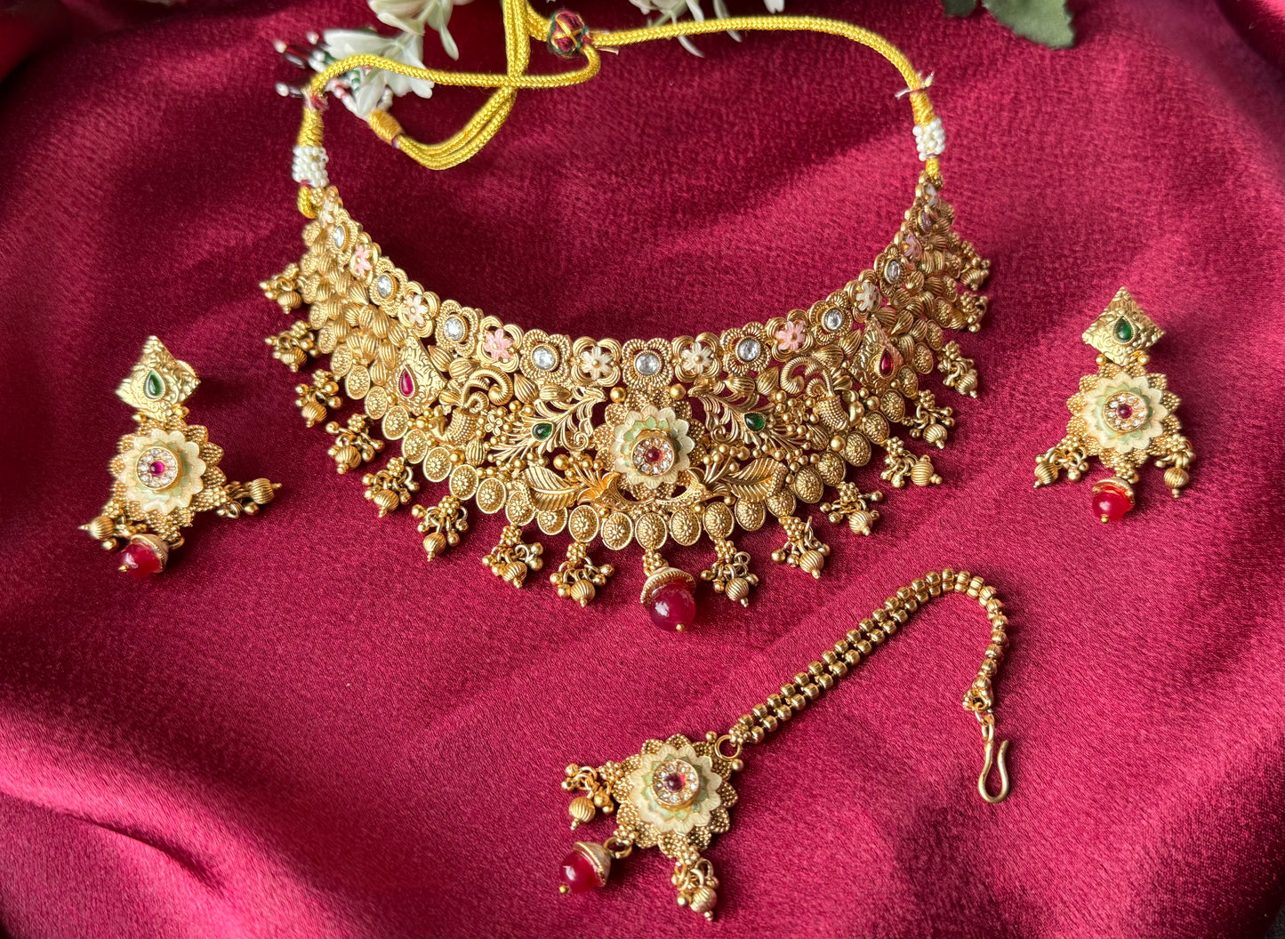 Traditional Antique Gold Choker Necklace Set with Earrings & Maang Tikka | Indian Bridal Jewelry Set | Floral Temple Style Wedding Necklace