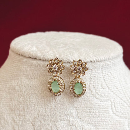Mint Green Stone Necklace Set, Elegant Gold Floral Necklace, Indian Wedding Jewelry Set, CZ Diamond Necklace, Bridesmaid Jewelry, Party Wear