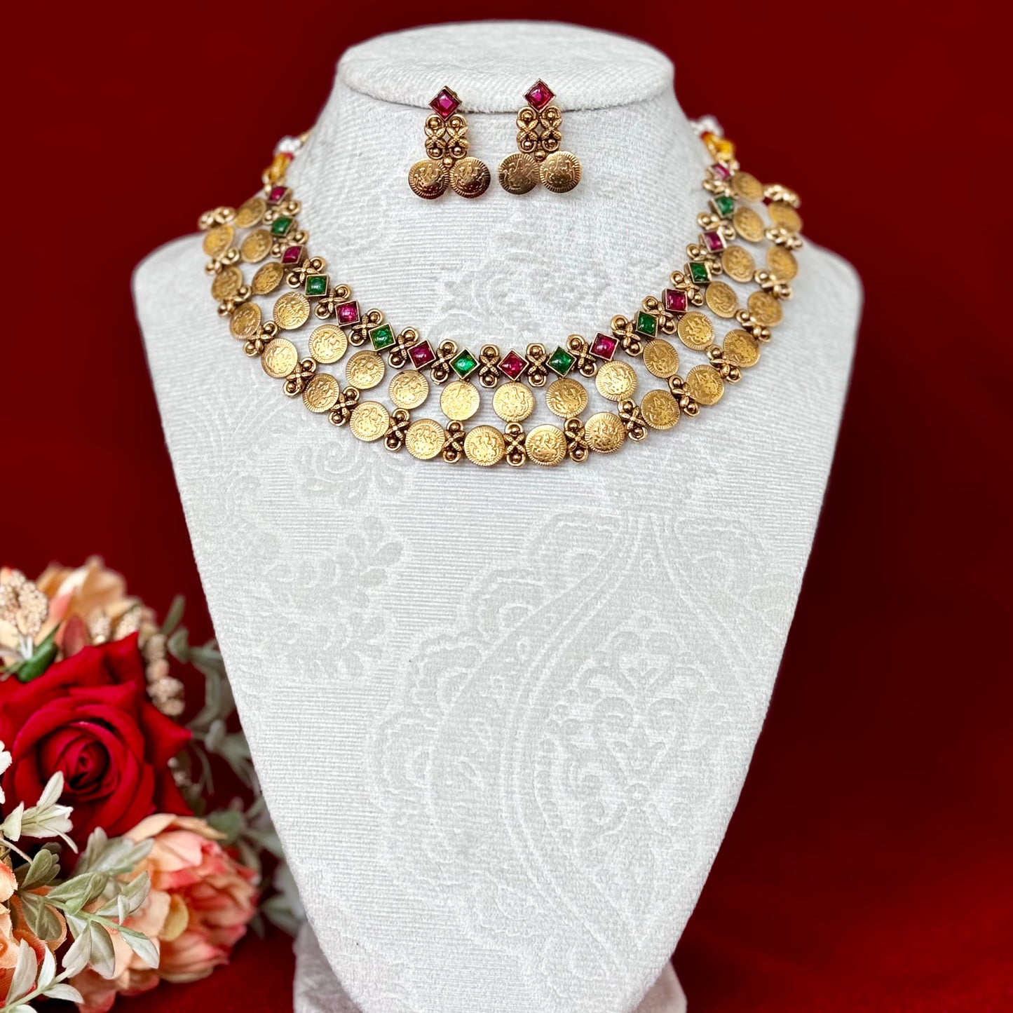 Temple Coin Necklace Set, Antique Gold Lakshmi Necklace, Red Green Stone Choker, South Indian Jewelry Set, Bridal Festive Necklace