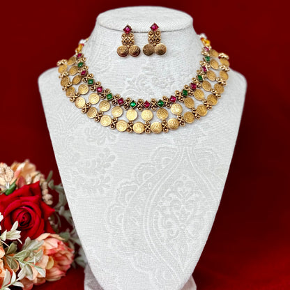 Temple Coin Necklace Set, Antique Gold Lakshmi Necklace, Red Green Stone Choker, South Indian Jewelry Set, Bridal Festive Necklace