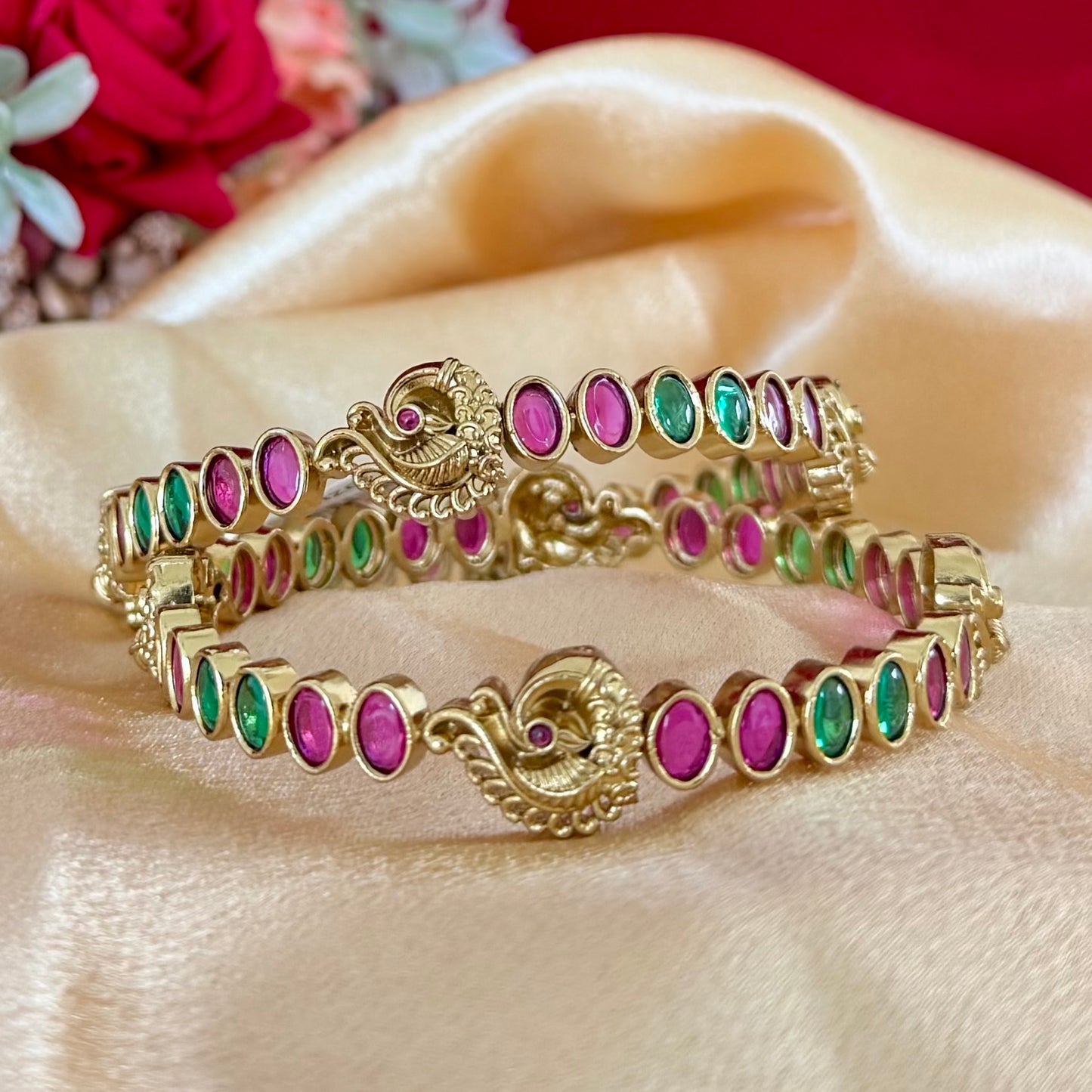 Gold Peacock Bangles Set of 2, Pink Green Stone Kada Bracelet, Traditional Indian Jewelry, Wedding Bangles, Festive Ethnic Jewelry Gift
